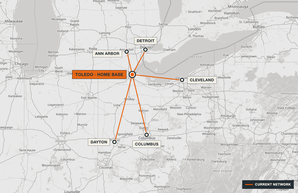 Map showing Toledo as the home base with network connections to Detroit, Ann Arbor, Cleveland, Columbus, and Dayton